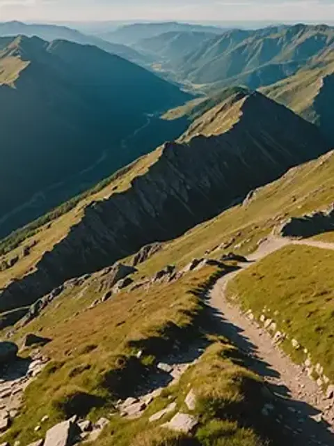High angle view of a rugged mountain trail leading towards a scenic overlook