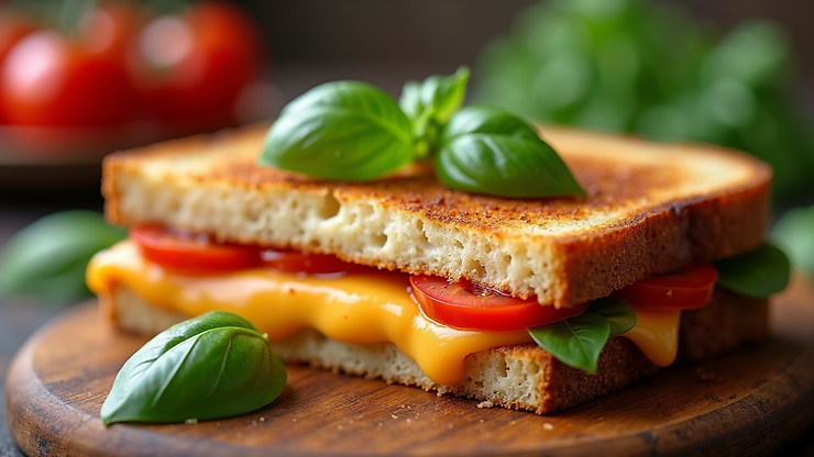 Eye-level view of a flavorful tomato basil grilled cheese with fresh basil leaves