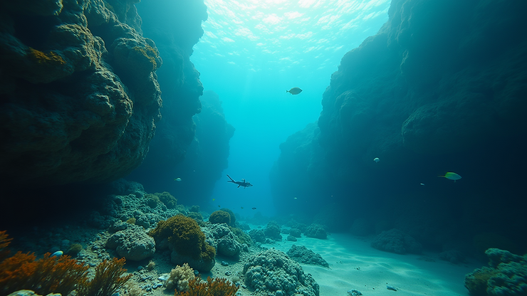 Wide angle view of Vathi coves with clear waters and marine life
