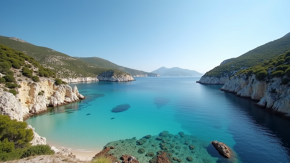 Wide angle view of Mylopotas Bay with turquoise waters