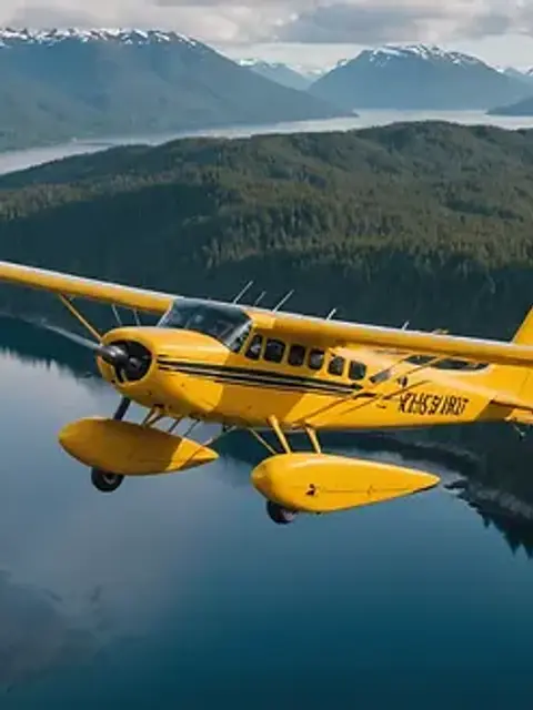 High angle view of a floatplane taking off over Ketchikan's landscape