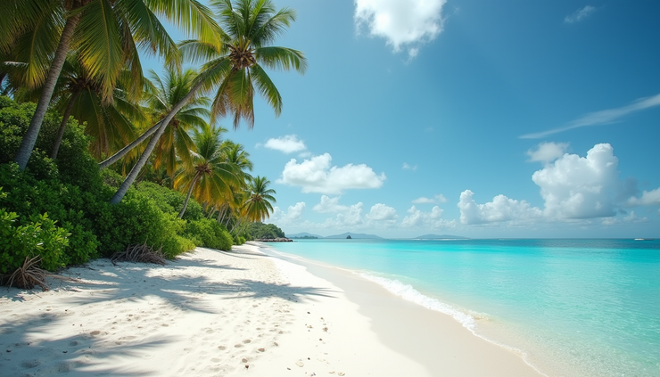 Eye-level view of palm-fringed Bottom Bay with white sand and calm sea