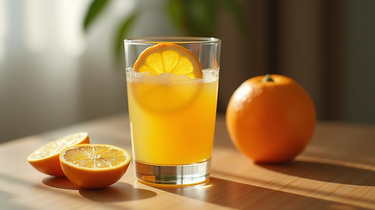 High angle view of a glass of orange juice with a slice of orange