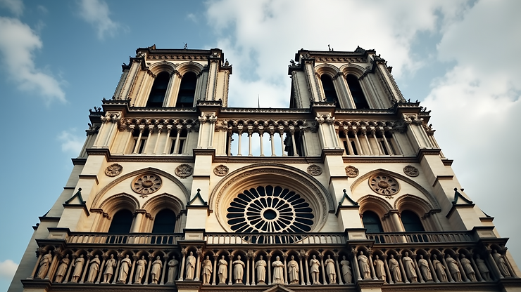 Wide angle view of a stone façade of the Notre Dame Cathedral