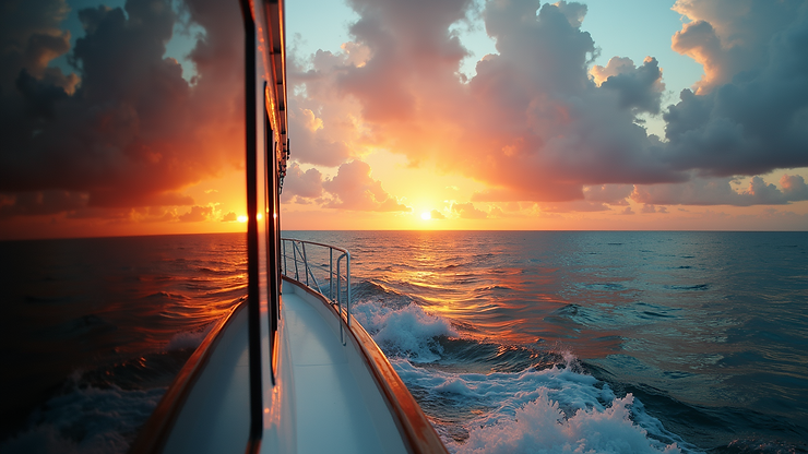 Wide angle view of a sunset over the Caribbean Sea from a boat
