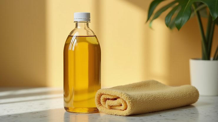 Close-up view of a bottle of castor oil with a cloth
