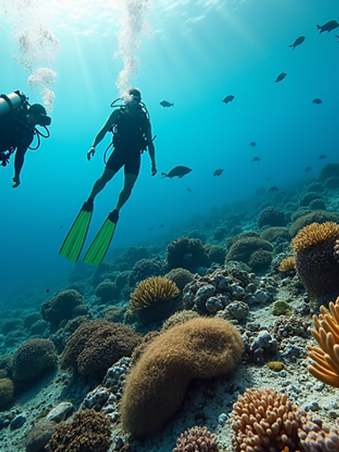 High angle view of divers exploring coral reefs in Caneel Bay