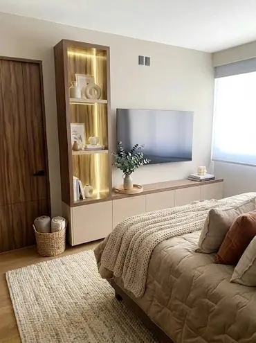 Dormitorio moderno con mueble de TV, cama, alfombra y armario empotrado