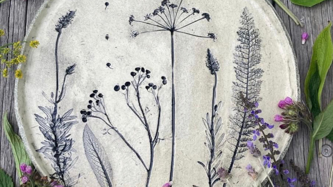 florals imprinted on a hnadmade ceramic plate