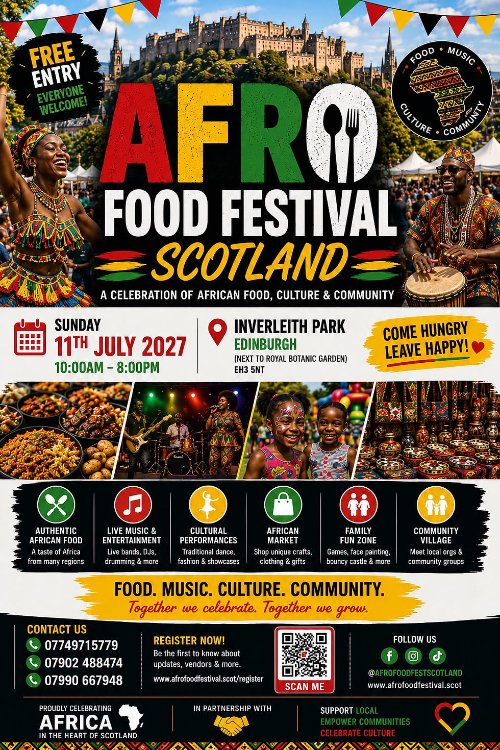 Afro Food Festival Scotland promotional poster with bold red, green and yellow text, festival photos and icons, portrait layout.
