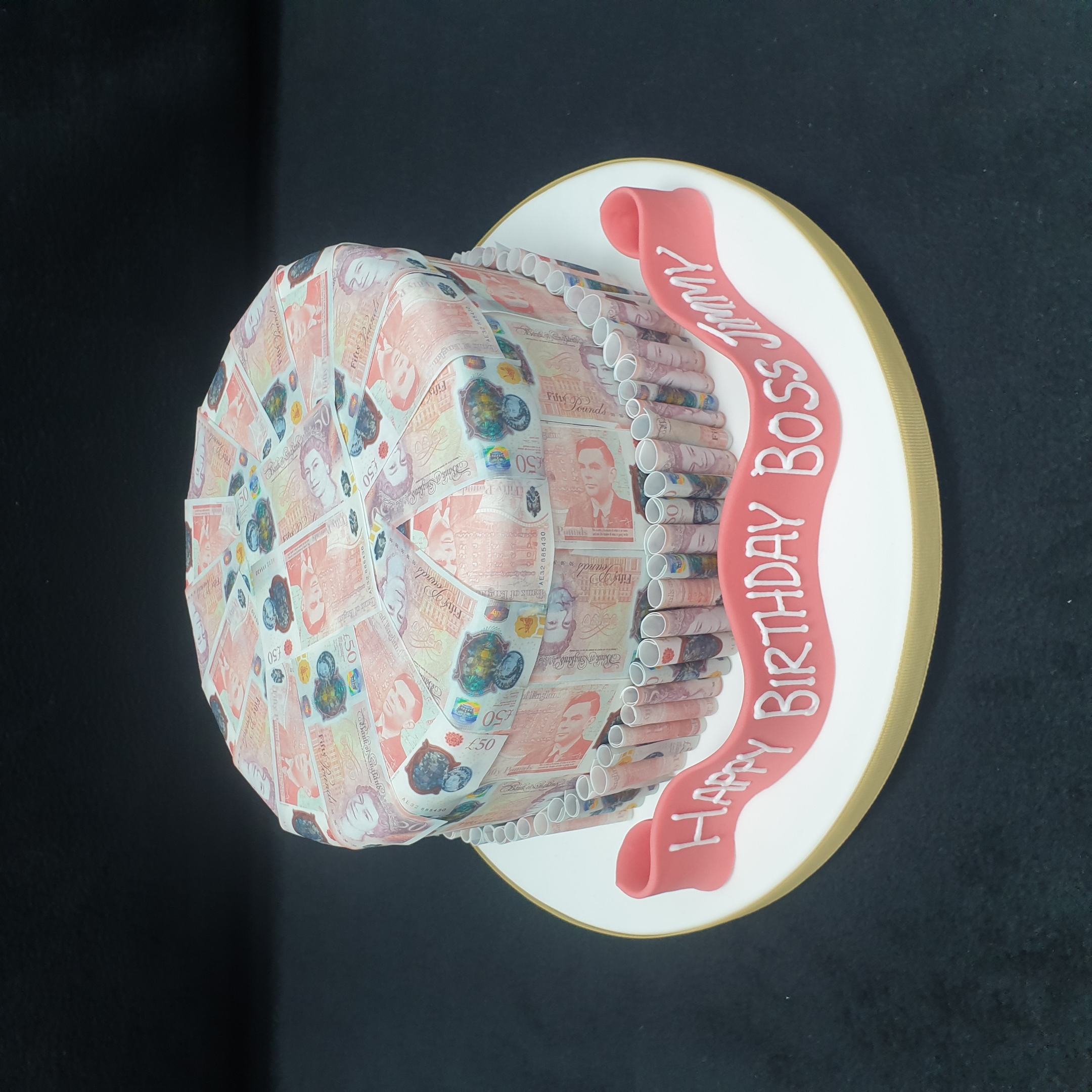 Bespoke cake with edible money notes and coins design for celebration in Solihull, West Midlands.
