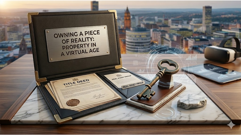 An open presentation case on a marble desk with a plaque titled 'OWNING A PIECE OF REALITY: PROPERTY IN A VIRTUAL AGE'. Inside is a Title Deed and Real Asset Proof card, sitting next to an ornate brass key with digital holograms and a VR headset overlooking a city skyline.