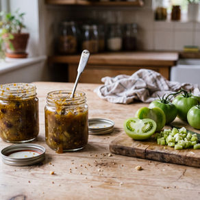 Grünes Tomaten-Chutney im Glas neben unreifen grünen Tomaten auf einem Holztisch
