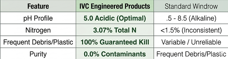 Data comparison table showing the chemical and biological advantages of engineered IVC substrates over standard windrow compost.