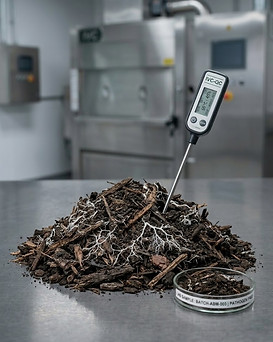 Close up of IVC-ABM activated bio-mulch showing fungal-dominant structure and digital temperature probe.