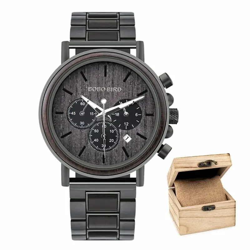 Thumbnail: Wooden Chronograph Watch Men BOBO BIRD Quartz Luxury Gift Casual Watch
