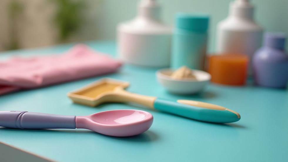 Close-up view of colorful therapy tools arranged neatly on a table