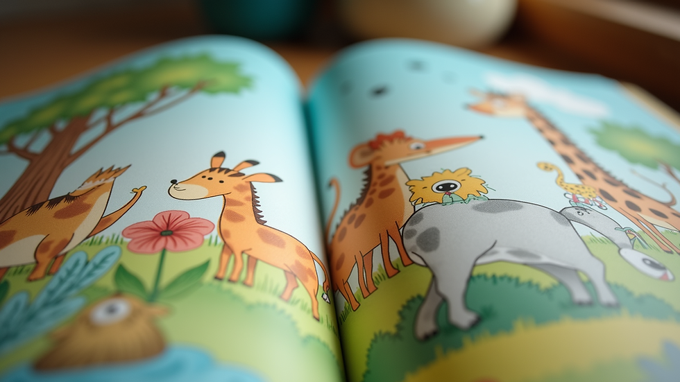 Eye-level view of a colorful children's book with animal illustrations