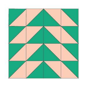 A diagram of 16 half square triangles arranged to make a quilt block