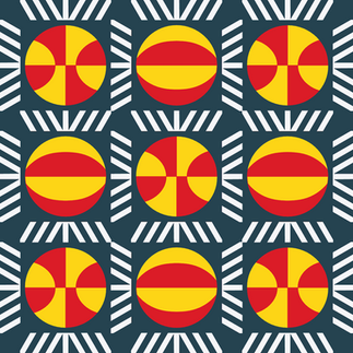 a mockup of a navy, white, red and yellow basketball themed quilt pattern.