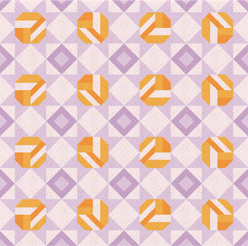 A purple and yellow modern volleyball-inspired quilt with a modern quilting texture mocked up.