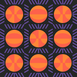 a mockup of a black, purple and orange basketball themed quilt pattern.
