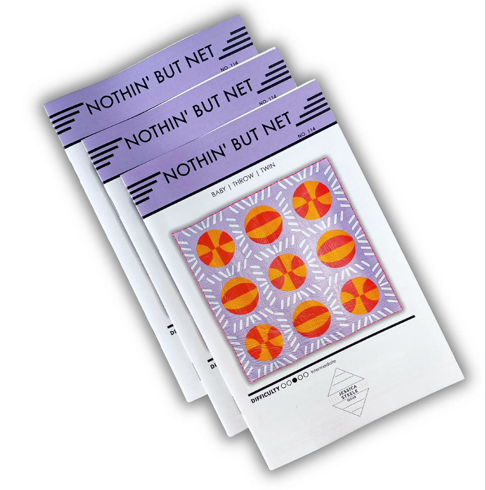 Three booklets for a purple, orange and white basketball quilt pattern