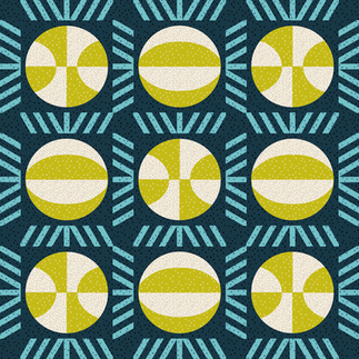 a mockup of a navy, blue, green and white basketball themed quilt pattern.