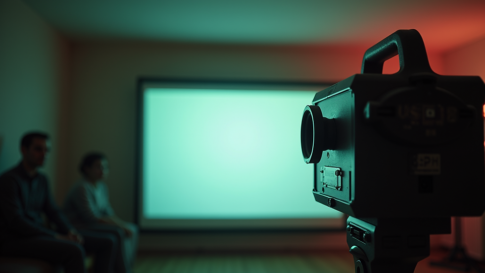 Eye-level view of a vintage film projector casting light on a screen