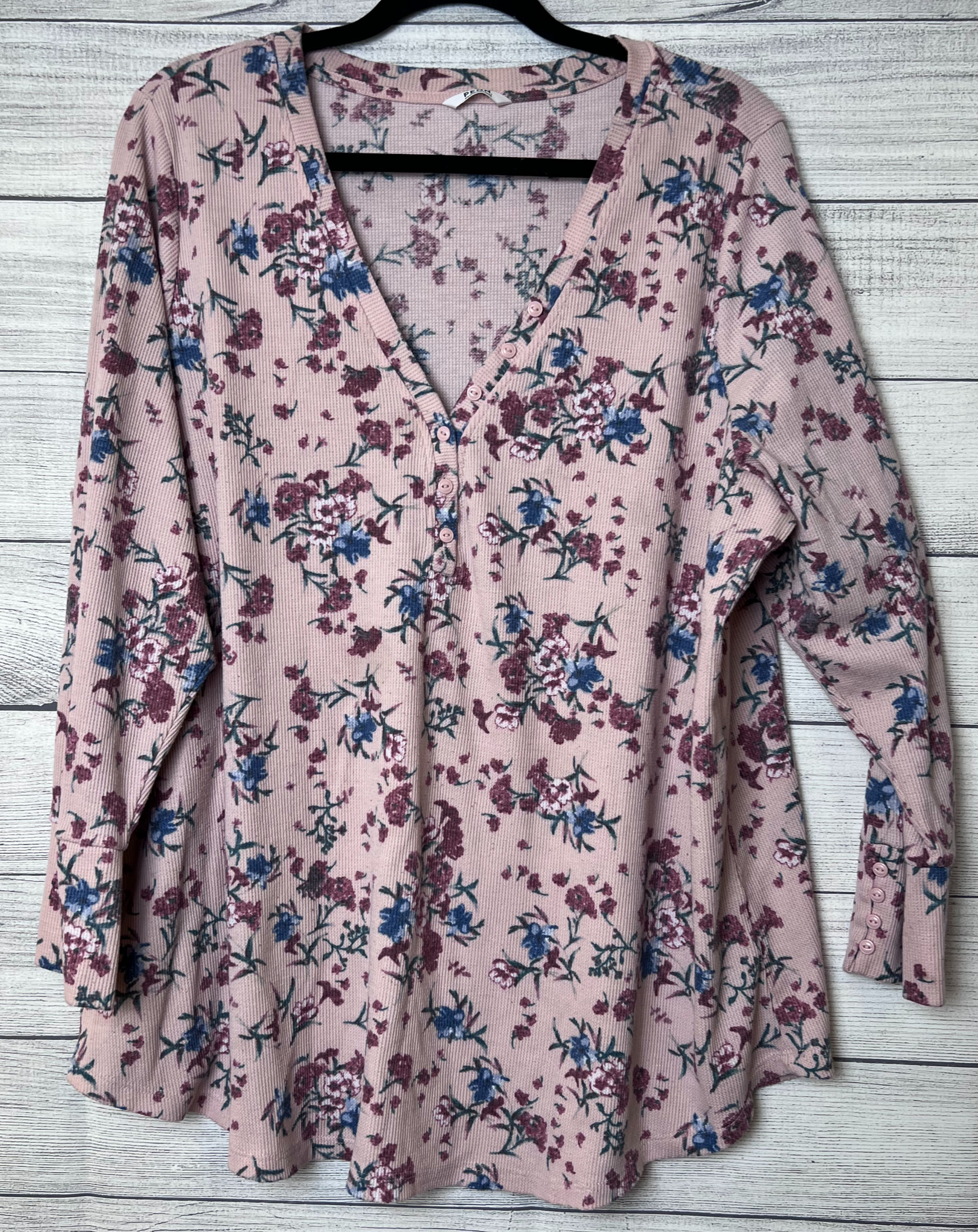 PENN (Penningtons) V-Neck Long Sleeve Shirt Pink Waffle Fabric ~ 3X