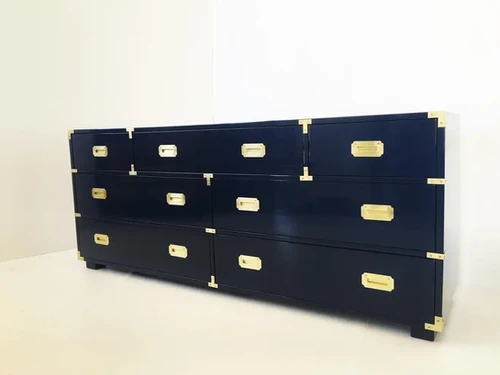 royal blue dresser Vine Bone Inlay 5 Drawer Gently arched bottom crosses and crown molding tops add comforting traditional touches to the modern silhouette Lacquered in Royal Blue Campaign