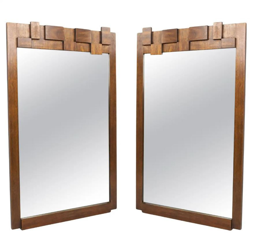 Pair Paul Evans Style Lane Mid-Century Brutalist Walnut Mirrors