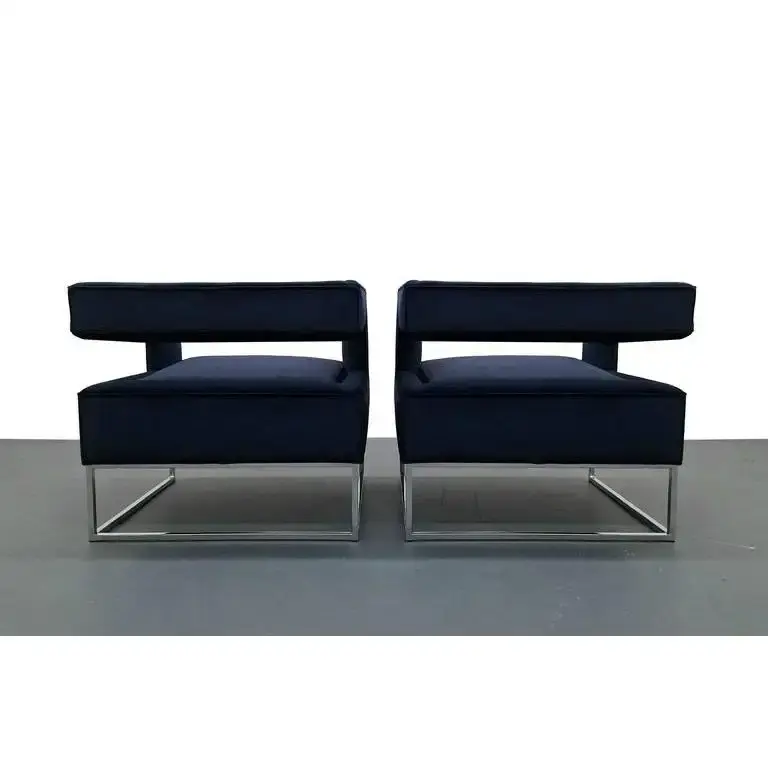 Thumbnail: Pair of Minimalist Floating Back Cube Chairs in Blue Velvet