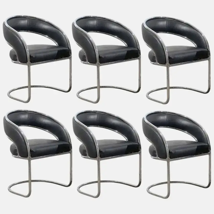 Set of Six Black and Chrome Cantilever Dining Armchairs