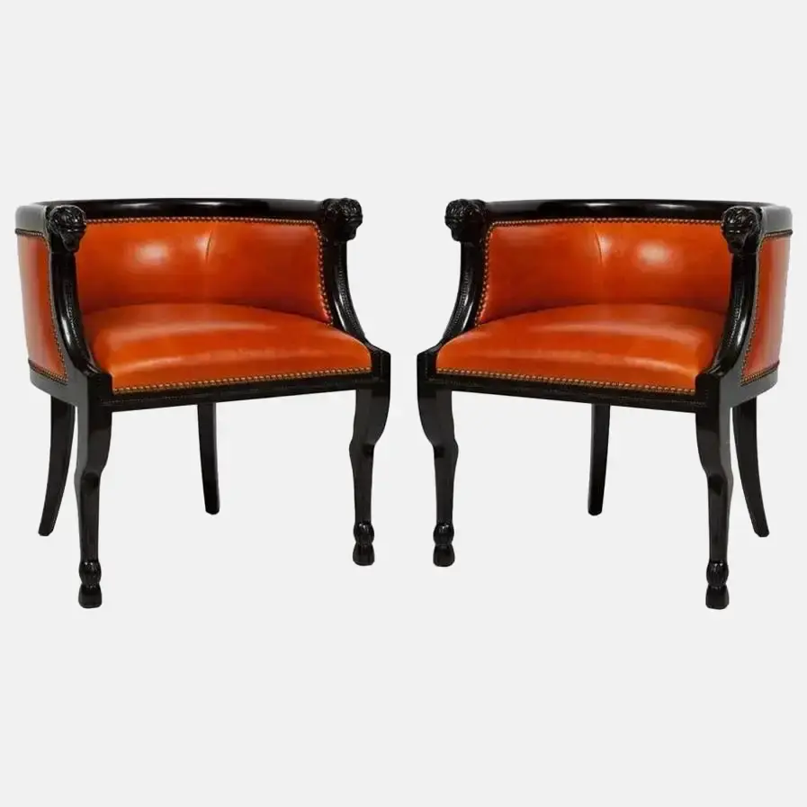 Impressive Pair of Orange Leather Neoclassical Style Lacquered Ram's Head Armchairs