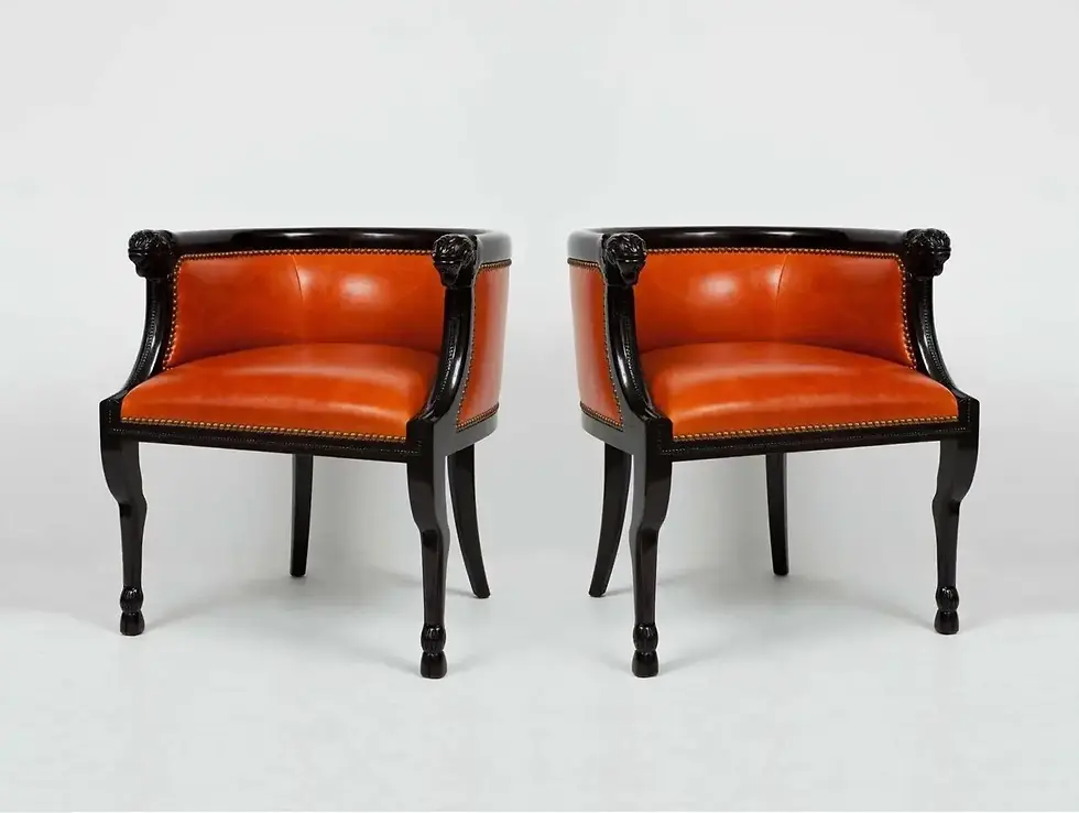 Impressive Pair of Orange Leather Neoclassical Style Lacquered Ram's Head Armchairs