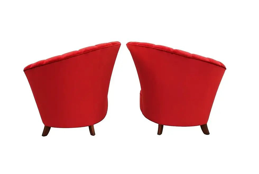 Thumbnail: Hollywood Regency Scalloped Asymmetrical Red Velvet Chairs