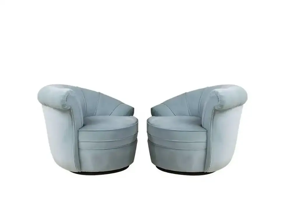 Thumbnail: Pair Kagan Style Soft Blue Channel Back Nautilus Swivel Chairs