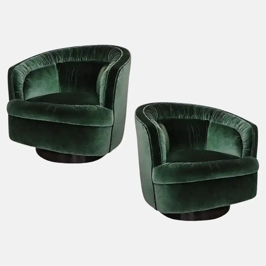 1970s Green Velvet Swivel Chairs in the Style of Milo Baughman