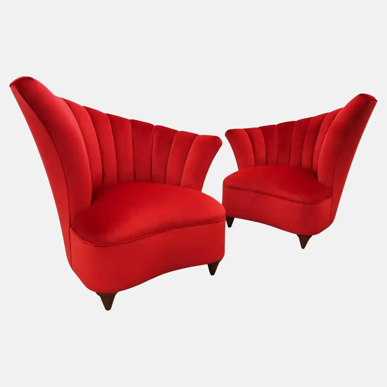 Hollywood Regency Scalloped Asymmetrical Red Velvet Chairs