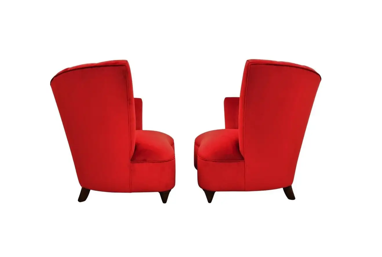 Hollywood Regency Scalloped Asymmetrical Red Velvet Chairs