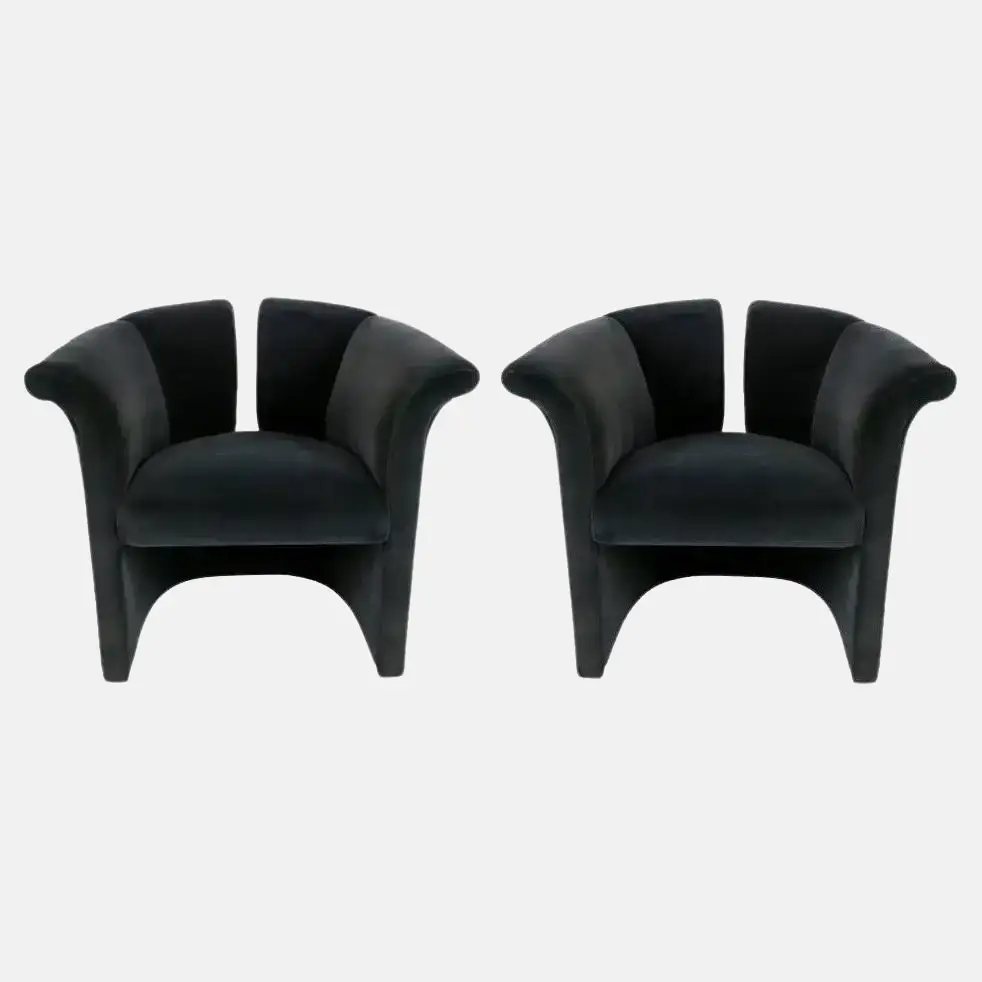 Pair of Vintage Milo Baughman Postmodern Club Chairs in Black Velvet