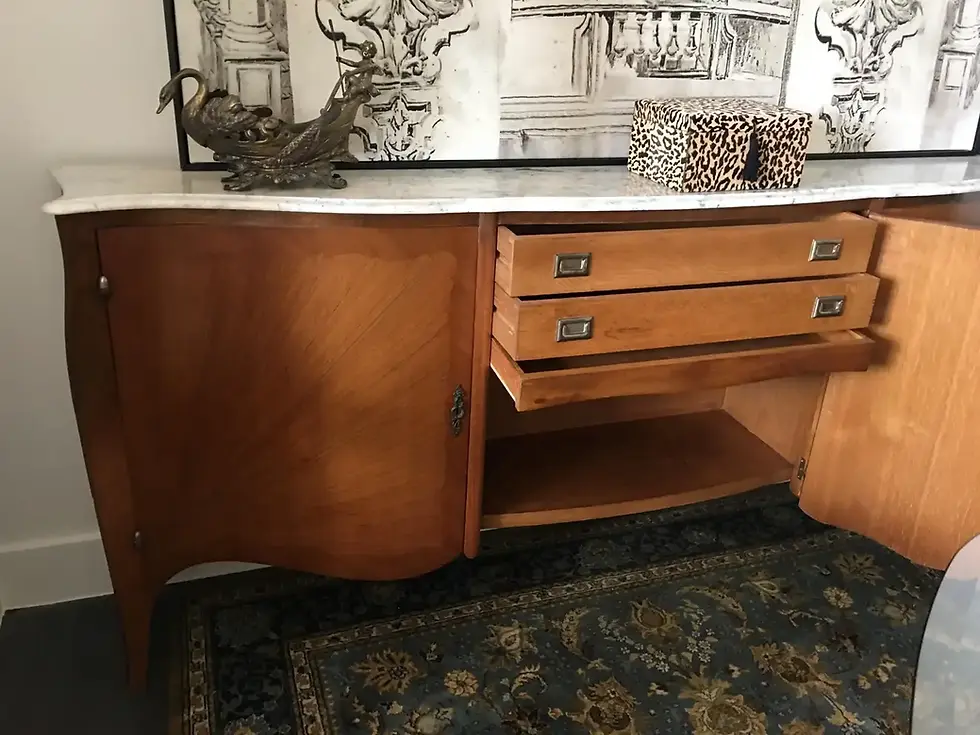Thumbnail: Elegant French Parquetry Three-Door Marble-Top Buffet or Sideboard