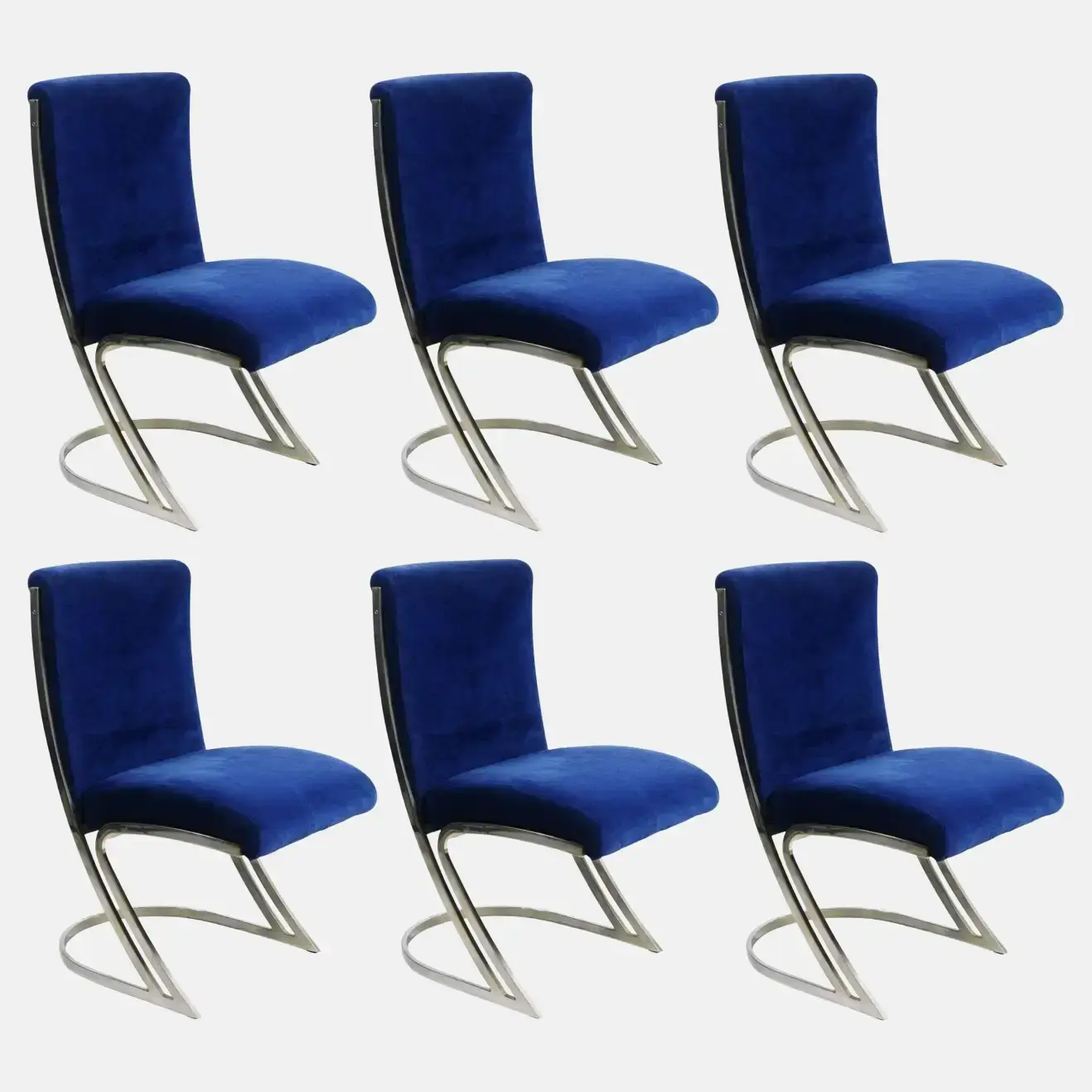Set of Six Pierre Cardin Chrome Dining Chairs in Blue Velvet