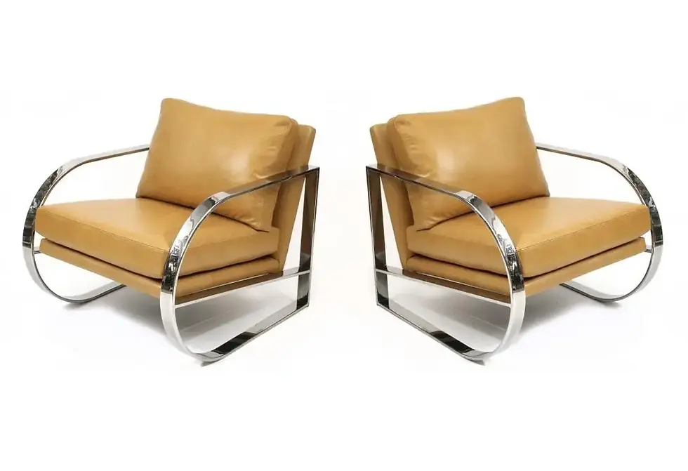 Thumbnail: Pair of Camel Leatherette Chrome Lounge Chairs Designed by John Mascheroni for Swaim Originals