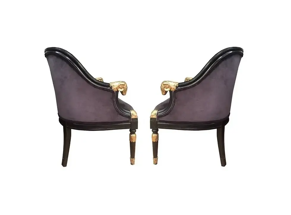 Thumbnail: Pair of Ebonized & Gilt Bergère Chairs with Carved Ram Heads
