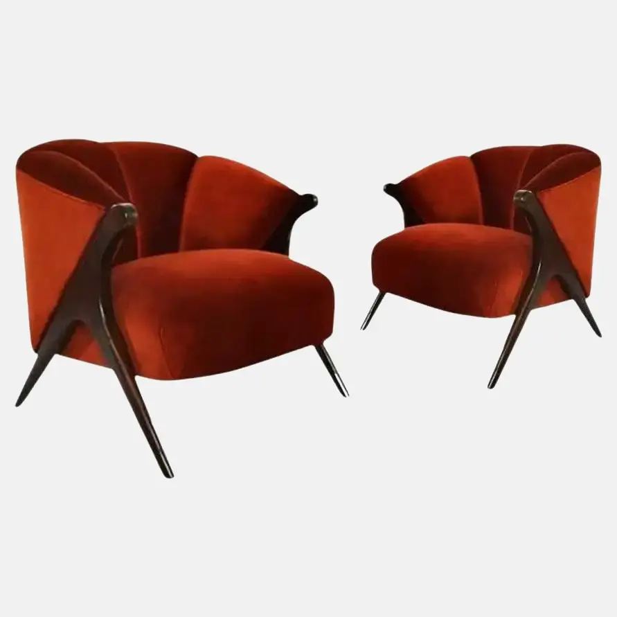 Pair of Sleek Karpen of California Barrel Lounge Chairs in Lustrous Velvet