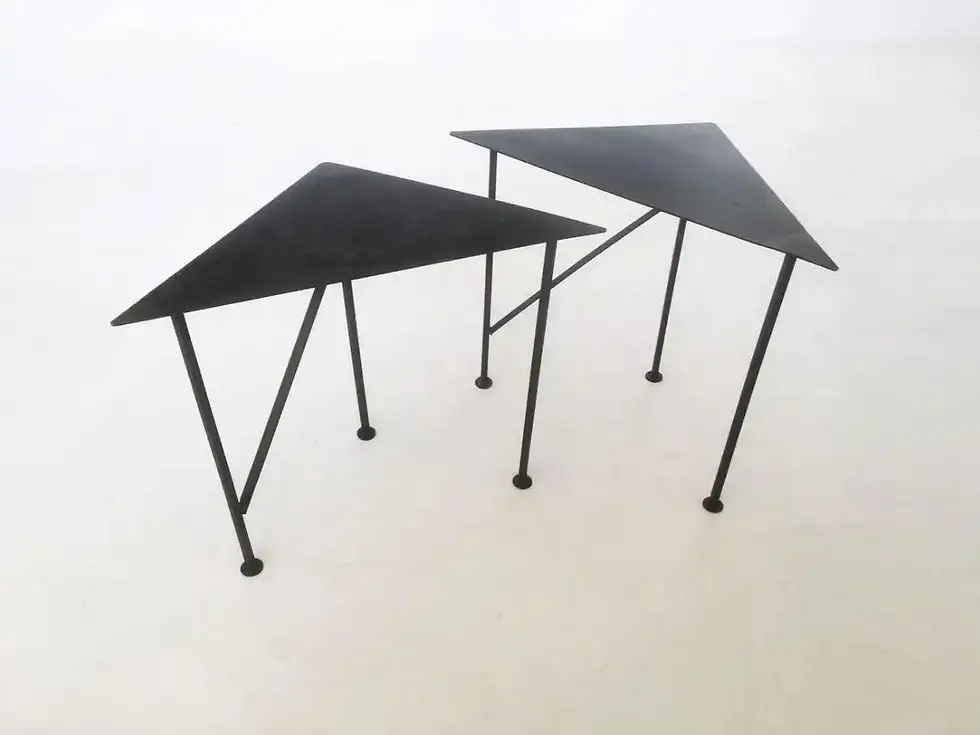 Two Unique Triangular Handcrafted Blackened Iron Drink Tables