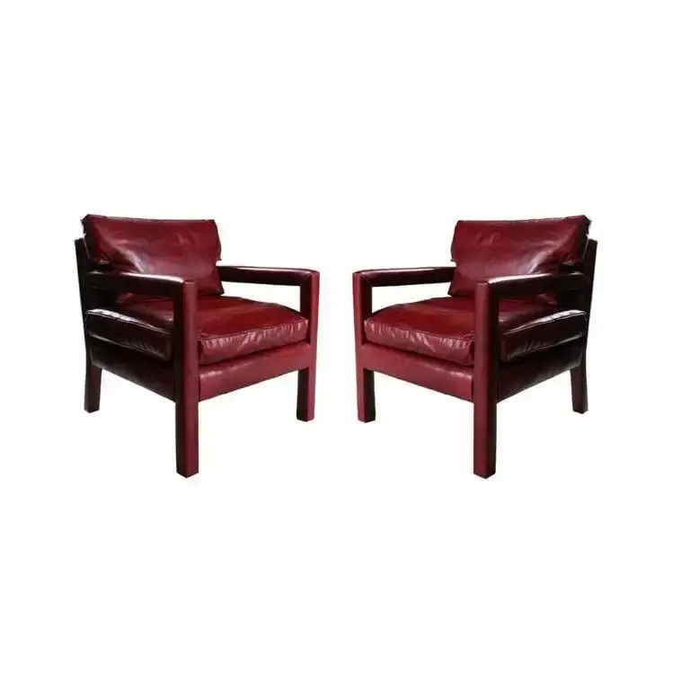 Pair of Milo Baughman Style Ox Blood Red Leather Parsons Chairs