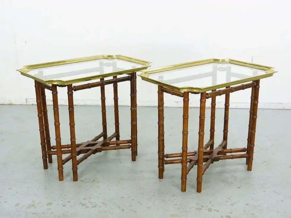 Thumbnail: Vintage Baker Brass Glass Tray Bamboo Base Side/Tray Tables, Pair